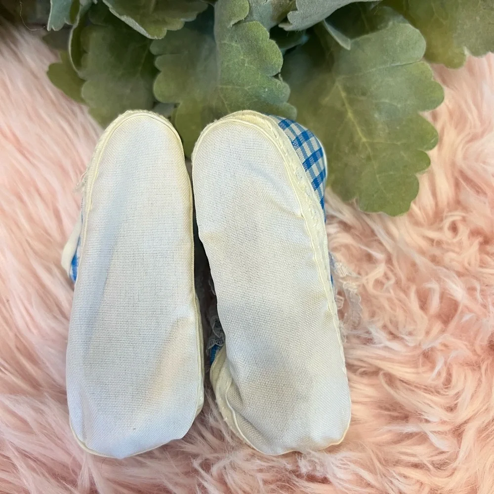 Vintage Baby Girl White Blue Gingham Lace Trim Mary Jane Crib Shoes Infant Sz 1